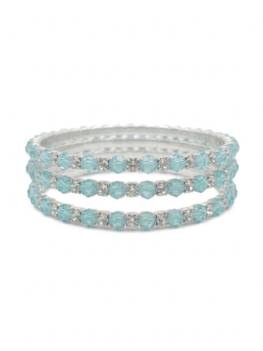 Aqua Crystal Bangle Set Silver Tone Embellished Stackable Bracelets Trio